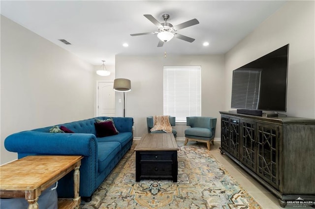 6327 Cascada Bend Rd, Mcallen, TX 78504 - living room featuring a ceiling fan, recessed lighting, and light tile patterned floors