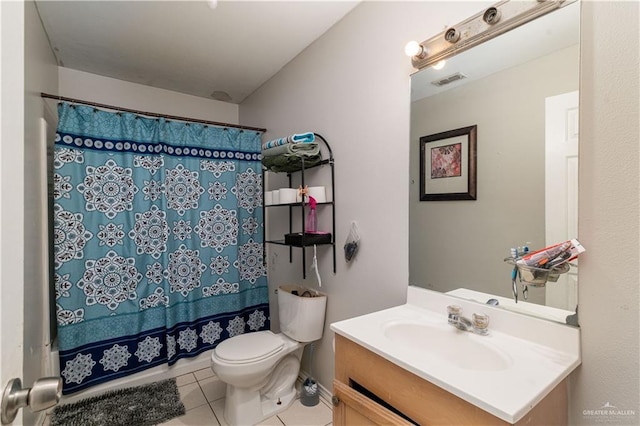 full bathroom featuring toilet, tile patterned flooring, shower / bathtub combination with curtain, and vanity