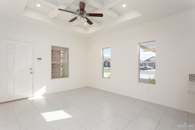 unfurnished room with beam ceiling, recessed lighting, a ceiling fan, coffered ceiling, and light tile patterned floors