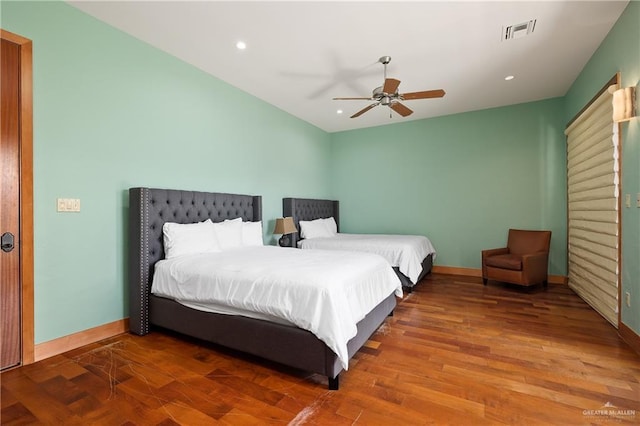 4616 Gulf Blvd S, Unit South, South Padre Island, TX 78597 - bedroom featuring baseboards, recessed lighting, wood finished floors, and ceiling fan