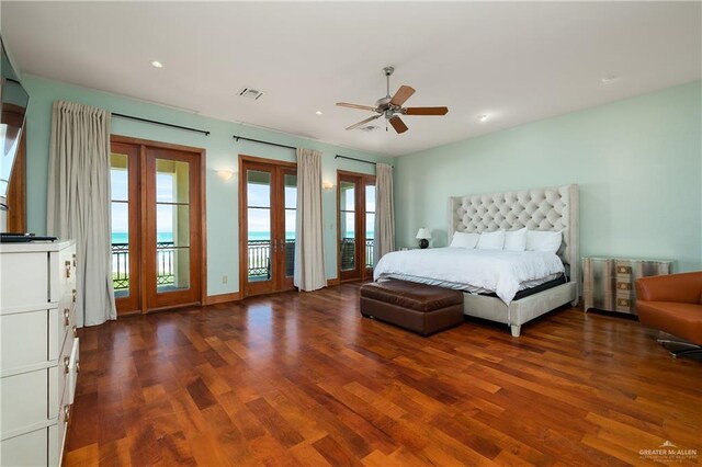 4616 Gulf Blvd S, Unit South, South Padre Island, TX 78597 - bedroom featuring access to outside, french doors, wood finished floors, recessed lighting, and a ceiling fan