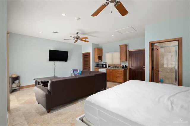 4616 Gulf Blvd S, Unit South, South Padre Island, TX 78597 - bedroom featuring attic access, ceiling fan, and recessed lighting