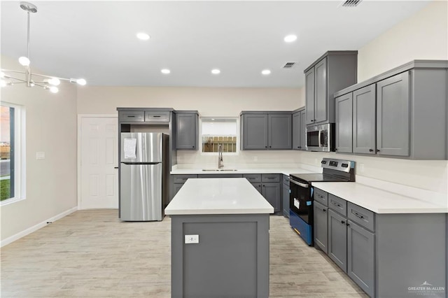 kitchen featuring visible vents, a sink, gray cabinetry, stainless steel appliances, and a center island