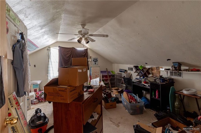 bonus room with ceiling fan, lofted ceiling, a textured ceiling, and light carpet