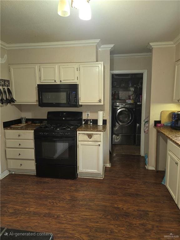 kitchen featuring dark wood-type flooring, white cabinetry, washer / clothes dryer, and black appliances