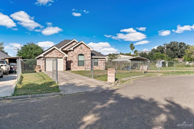 view of front of home with a front lawn, a carport, and a garage