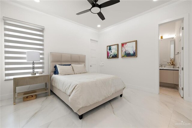 bedroom featuring connected bathroom, ceiling fan, multiple windows, and ornamental molding