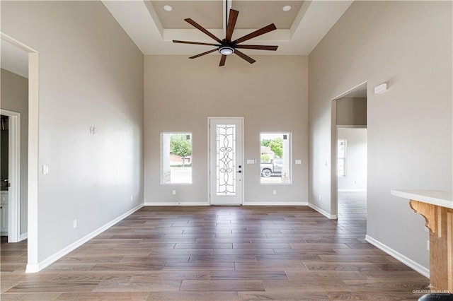 6608 Primavera St, Pharr, TX 78577 - foyer entrance with ceiling fan, a towering ceiling, a tray ceiling, wood finished floors, and baseboards