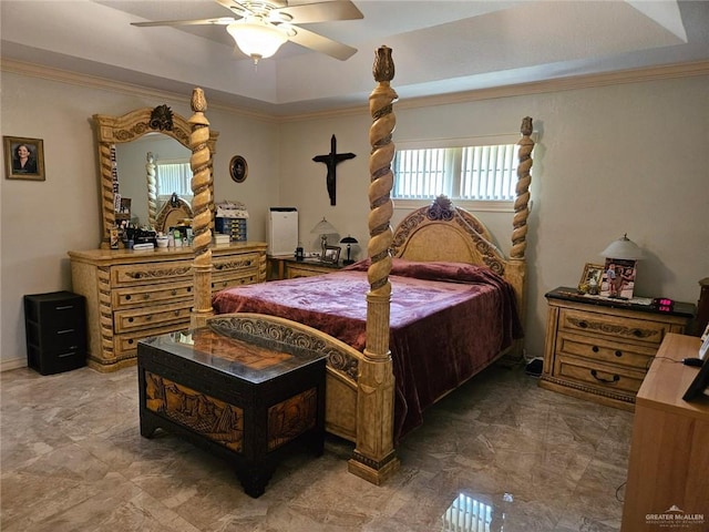 bedroom featuring ornamental molding, a raised ceiling, a ceiling fan, and marble finish floor