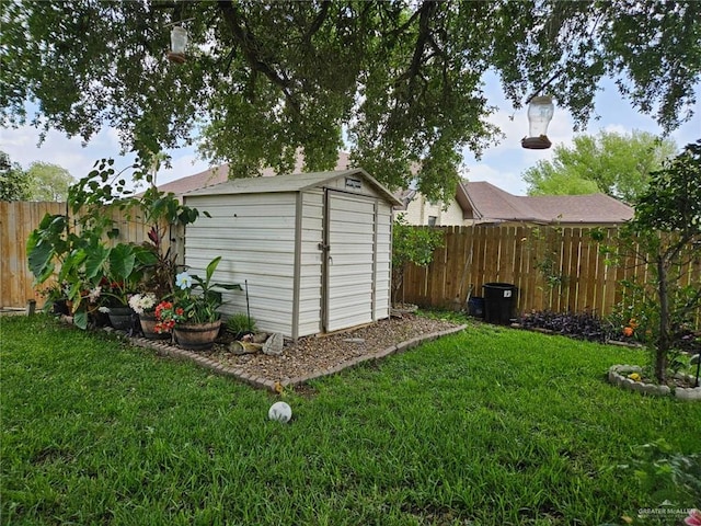 view of shed with a fenced backyard