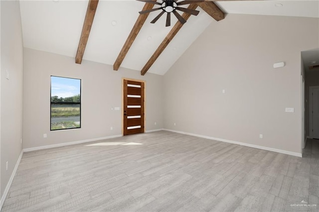 unfurnished living room featuring ceiling fan, light hardwood / wood-style flooring, beamed ceiling, and high vaulted ceiling