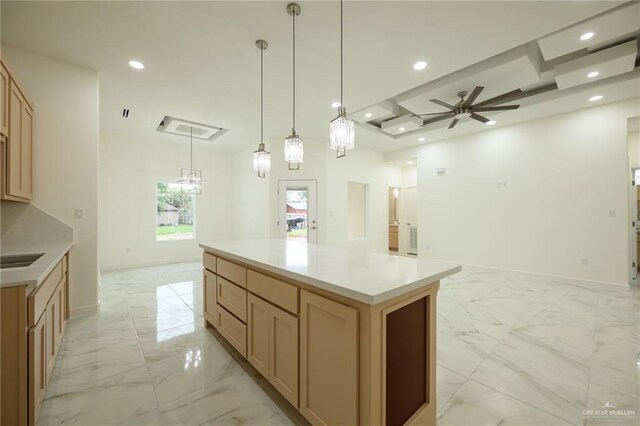kitchen featuring marble finish floor, open floor plan, recessed lighting, and a ceiling fan