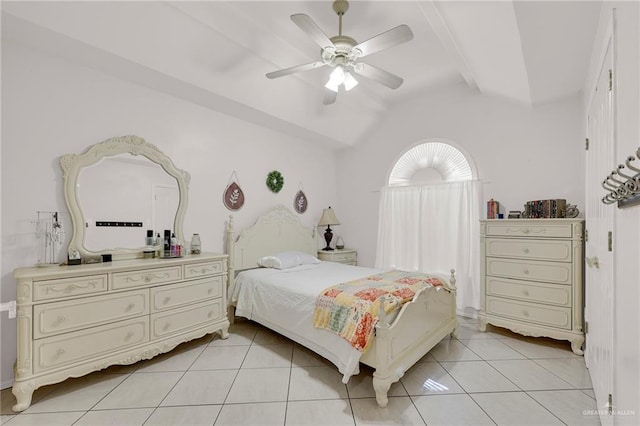 bedroom featuring light tile patterned flooring and ceiling fan