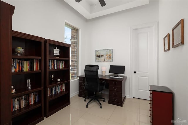 tiled office with ceiling fan