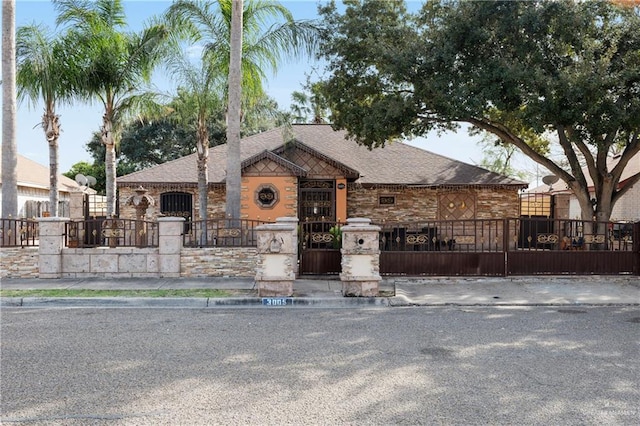 view of front facade featuring a fenced front yard and a gate