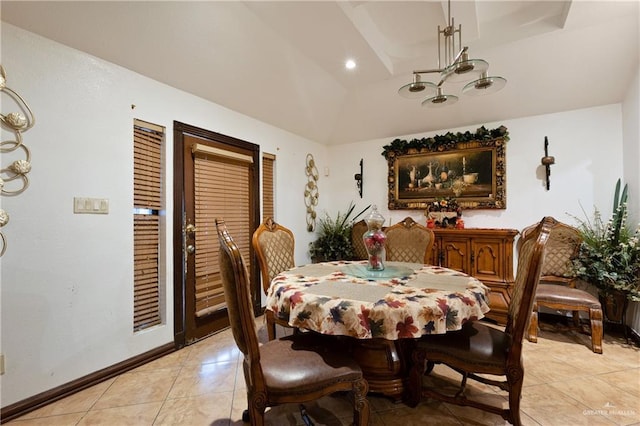 dining space with light tile patterned floors, vaulted ceiling, recessed lighting, and baseboards