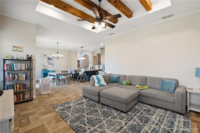 living room with beam ceiling, ceiling fan with notable chandelier, and crown molding