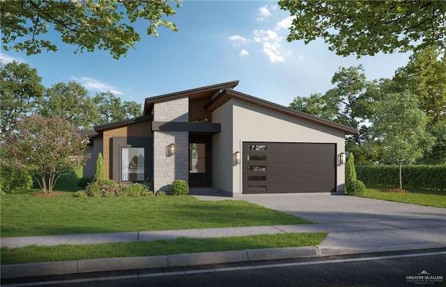 view of front facade with a garage, driveway, a front lawn, and stucco siding