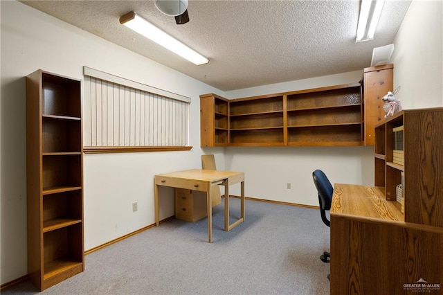 carpeted office space with a textured ceiling