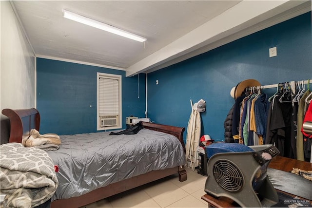 tiled bedroom with crown molding and cooling unit