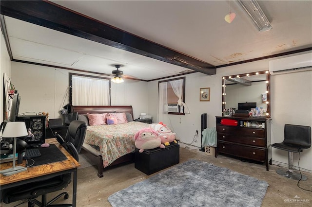 bedroom featuring ceiling fan, cooling unit, and a wall mounted AC