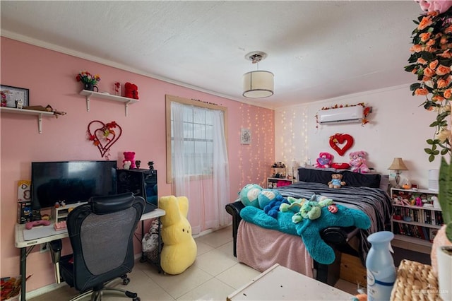 tiled bedroom with crown molding and a wall mounted air conditioner