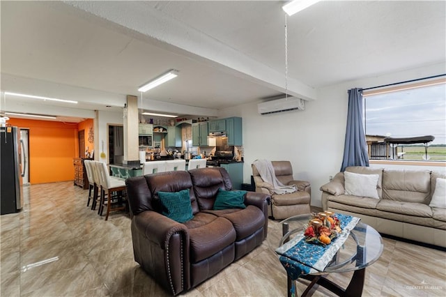 living room with beamed ceiling and a wall unit AC