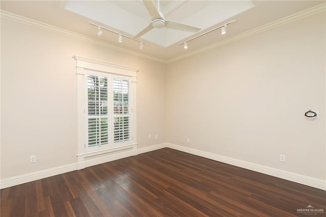 unfurnished room with rail lighting, wood finished floors, a ceiling fan, baseboards, and crown molding