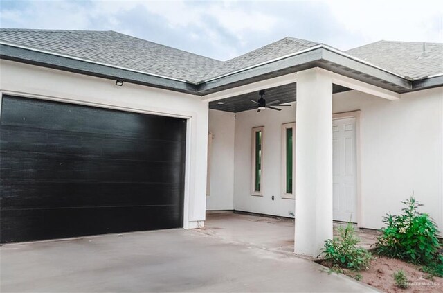 607 N 9th St, Alamo, TX 78516 - view of side of home with a garage, a shingled roof, concrete driveway, ceiling fan, and stucco siding