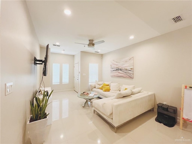 1510 S Bilboa St Unit 1, Pharr, TX 78577 - living area with light tile patterned floors, ceiling fan, and recessed lighting