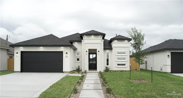 513 Quarry Dr, Mission, TX 78573 - view of front of house featuring an attached garage, driveway, a shingled roof, a front yard, and stucco siding