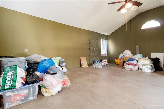 interior space with ceiling fan and high vaulted ceiling