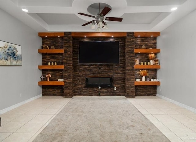 unfurnished living room featuring tile patterned flooring, baseboards, a ceiling fan, and recessed lighting