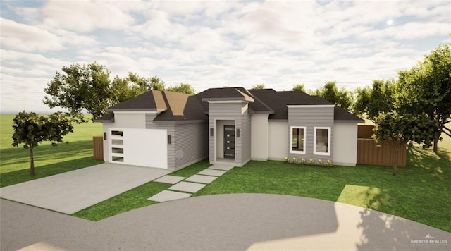 contemporary house with driveway, a front yard, and a garage