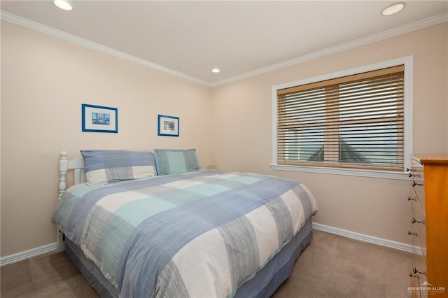 bedroom with carpet floors and ornamental molding