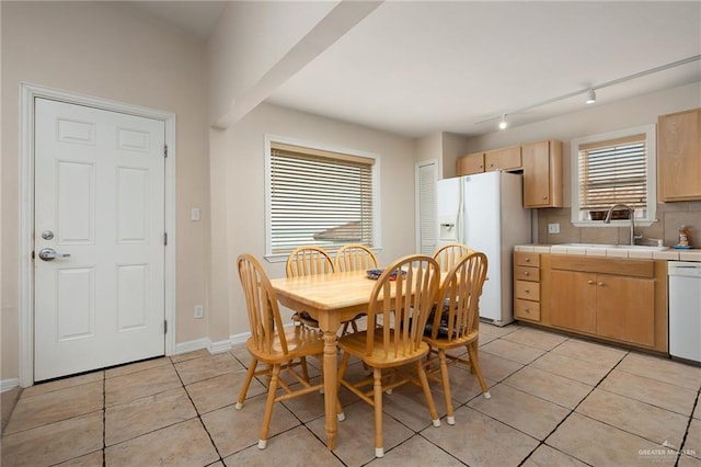 tiled dining room with rail lighting, a wealth of natural light, and sink