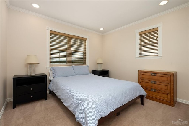 carpeted bedroom with multiple windows and crown molding