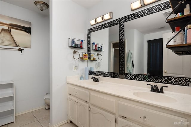 bathroom with tile patterned floors, walk in shower, vanity, and toilet