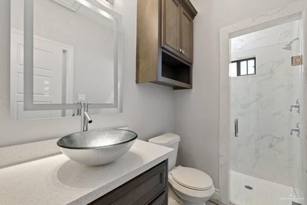 bathroom with vanity, an enclosed shower, and toilet