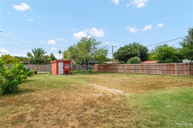 view of yard featuring a storage unit