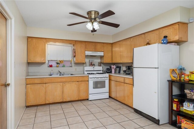 kitchen with ceiling fan, sink, light tile patterned floors, and white appliances