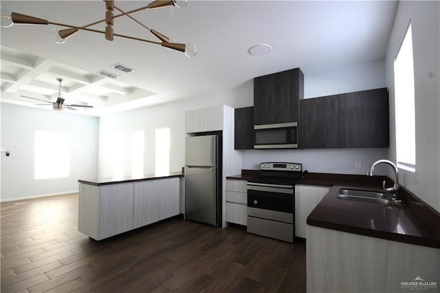 kitchen featuring coffered ceiling, sink, dark hardwood / wood-style floors, beamed ceiling, and stainless steel appliances