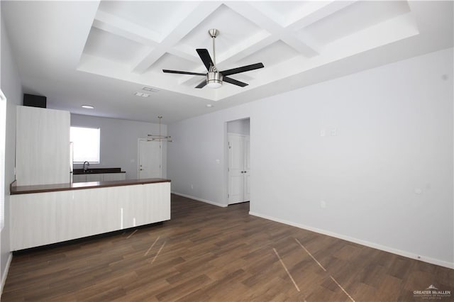 kitchen with coffered ceiling, beam ceiling, dark wood-type flooring, and ceiling fan