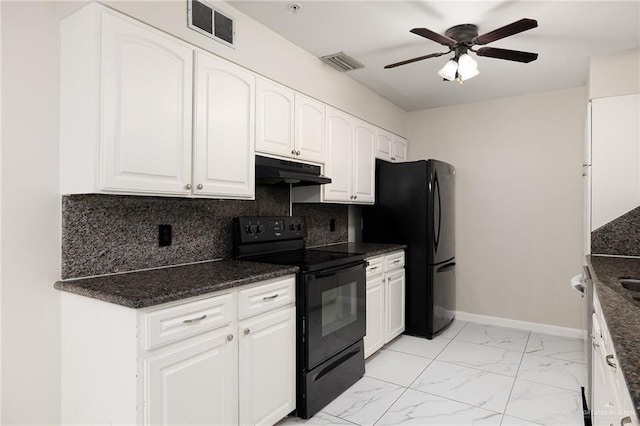 kitchen featuring marble finish floor, visible vents, under cabinet range hood, and black appliances