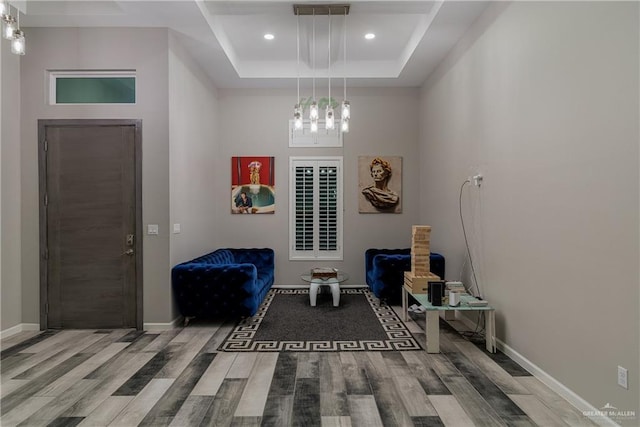 mudroom with hardwood / wood-style floors and a tray ceiling