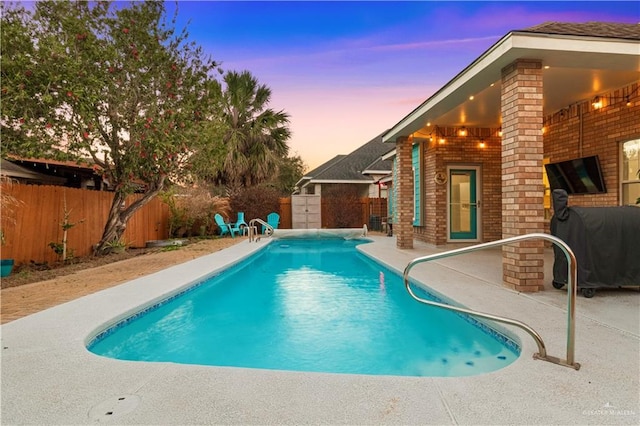 view of swimming pool with area for grilling, a patio area, a fenced backyard, and a fenced in pool