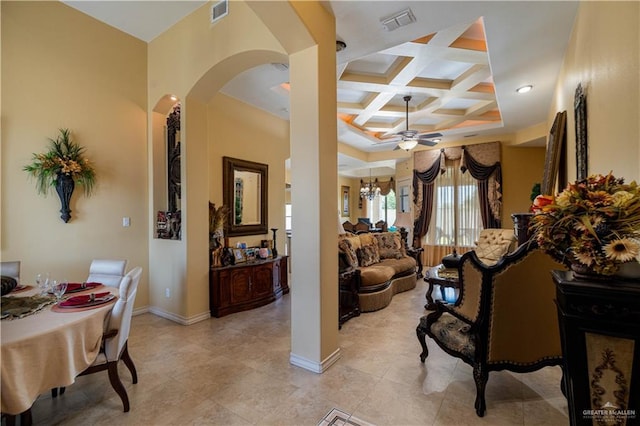 interior space featuring beam ceiling, ceiling fan with notable chandelier, and coffered ceiling