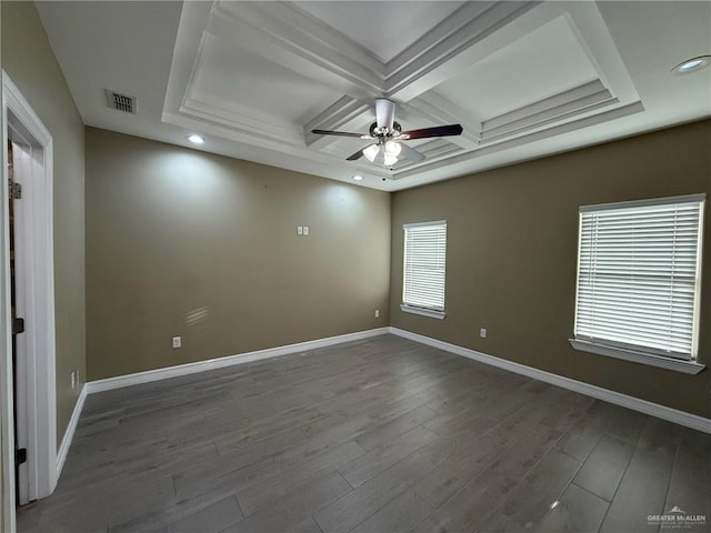 2315 N Ruby Dr, Edinburg, TX 78541 - empty room with coffered ceiling, a ceiling fan, wood finished floors, baseboards, and beamed ceiling