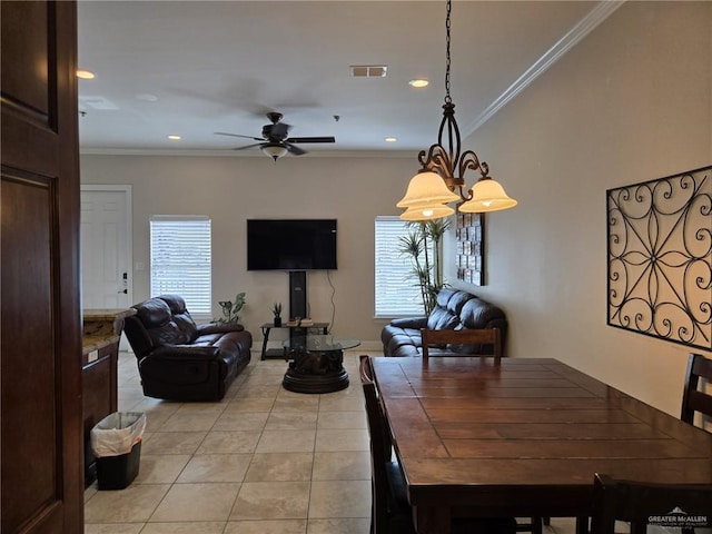 115 E Atol St Unit 3, South Padre Island, TX 78597 - dining room featuring light tile patterned floors, a ceiling fan, ornamental molding, and recessed lighting