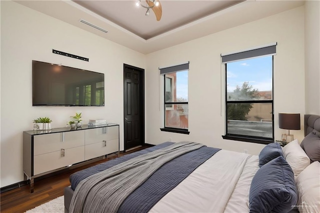 bedroom featuring dark wood-type flooring and a raised ceiling